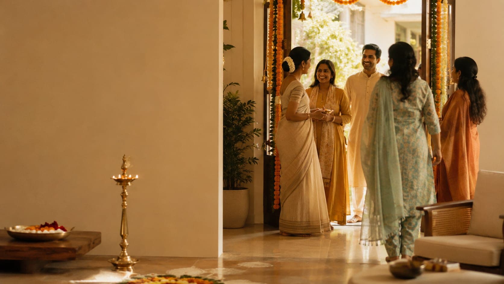 People gathered in a warmly lit doorway