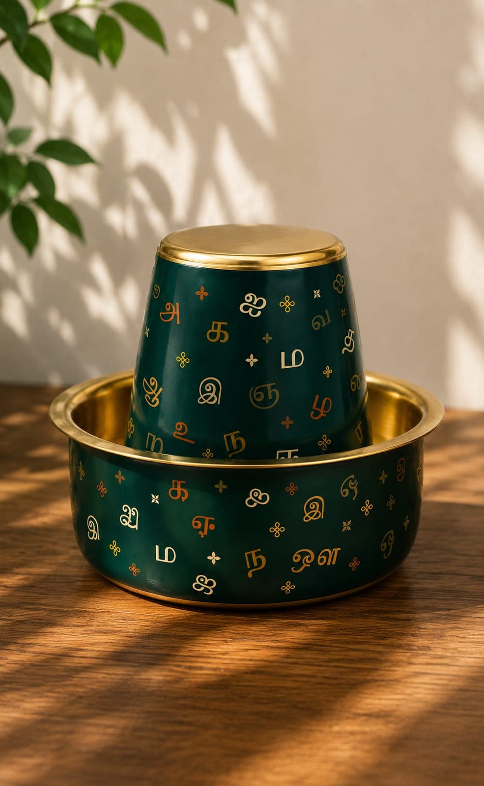 Green metal tumbler and bowl arranged as a gift set