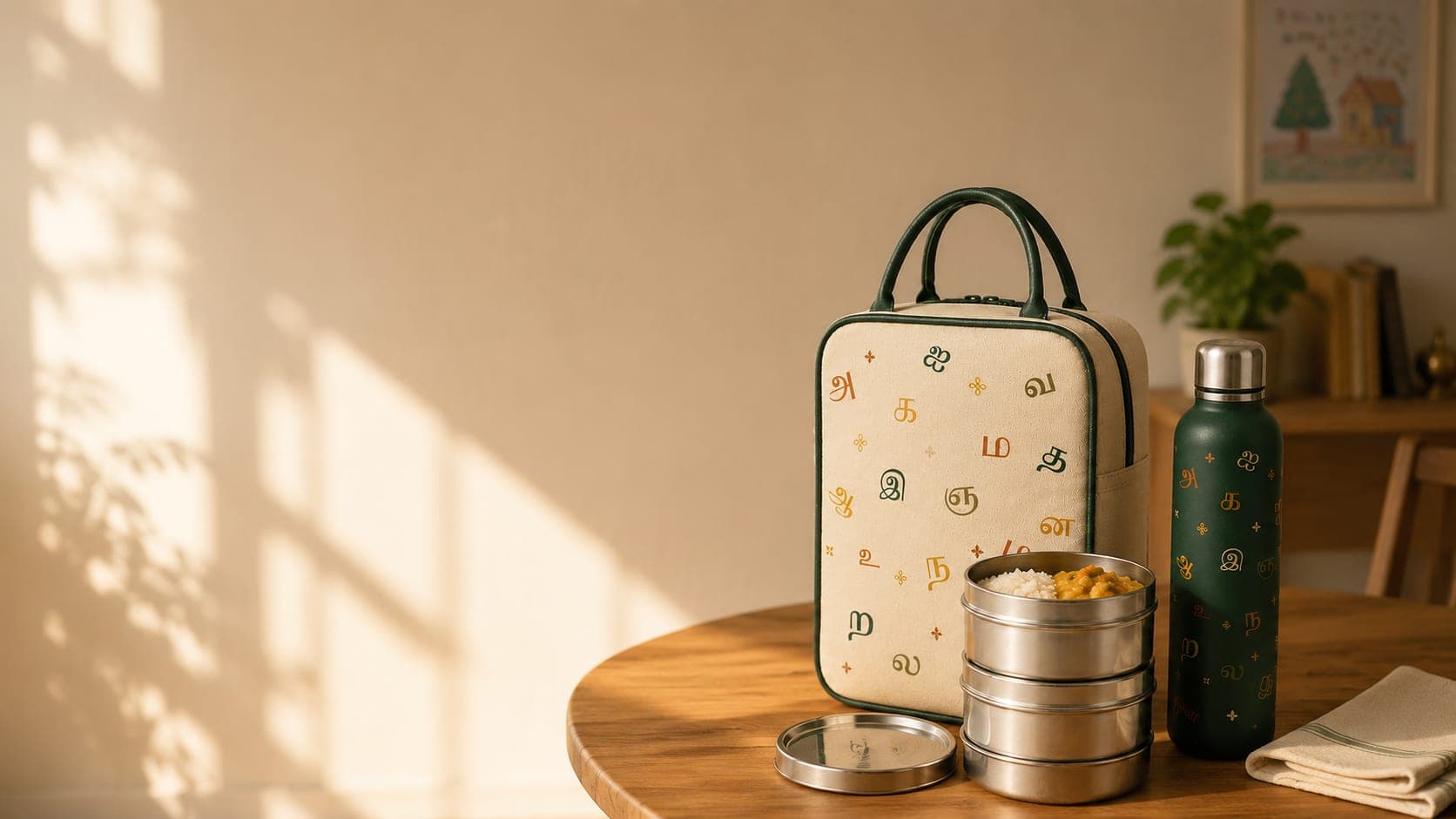 Soft bag, bottle, and tiffin arranged as a merchandise kit