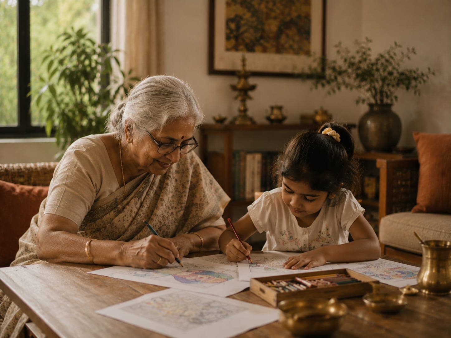 Illustrated scene of a grandmother and child drawing together